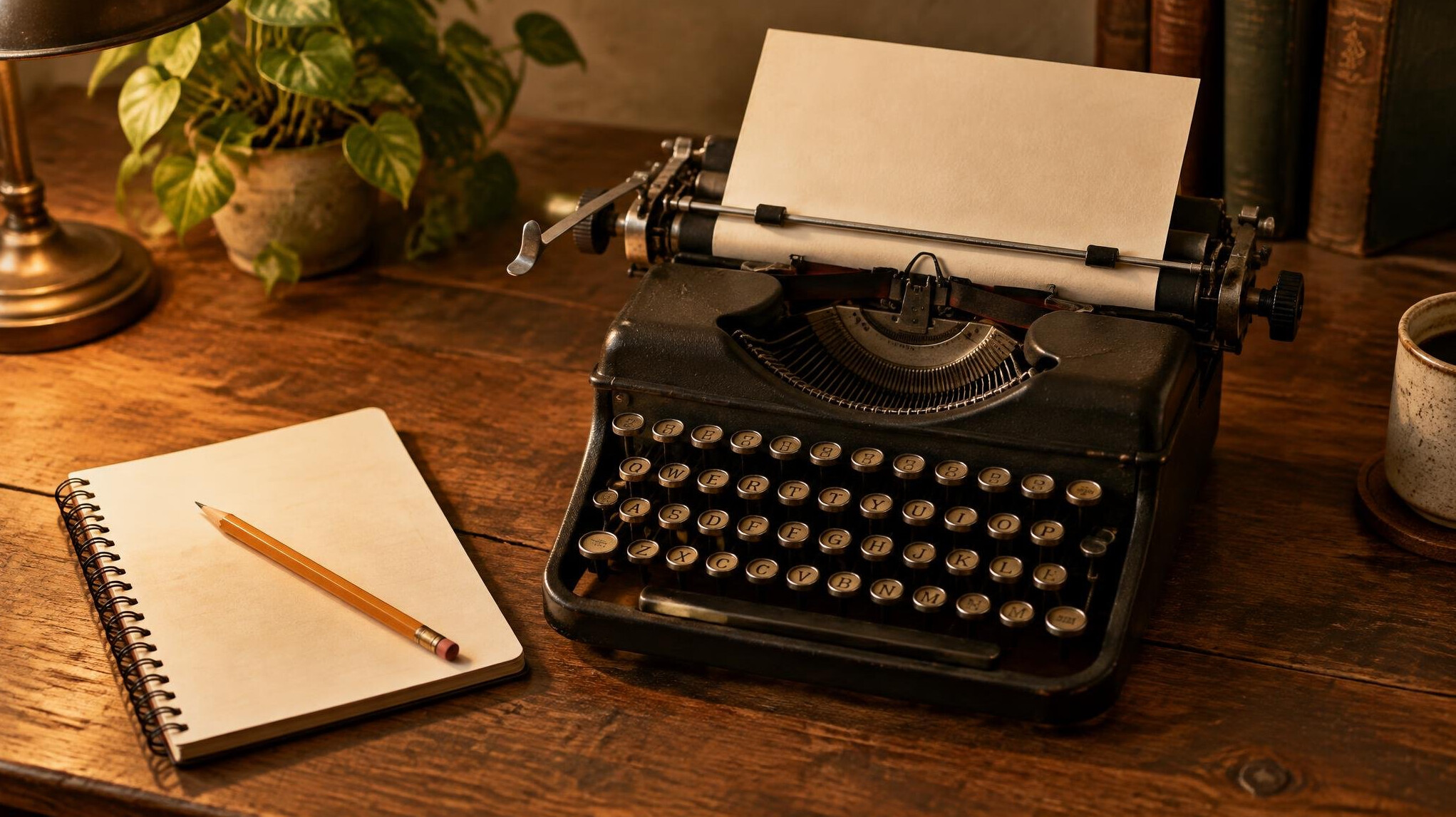 Typewriter with a sheet of paper and a notebook