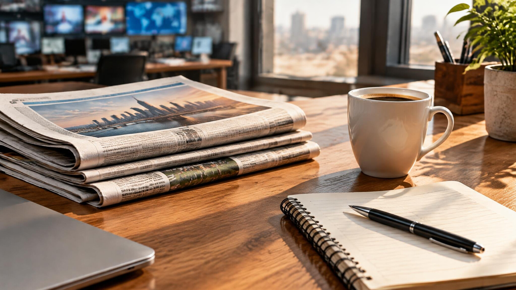 Newspapers and a coffee cup on a desk in a newsroom