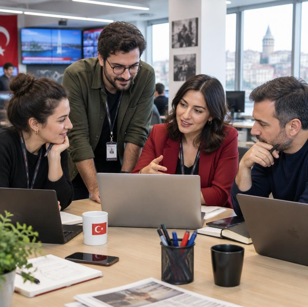 Editorial team working together around a table with laptops